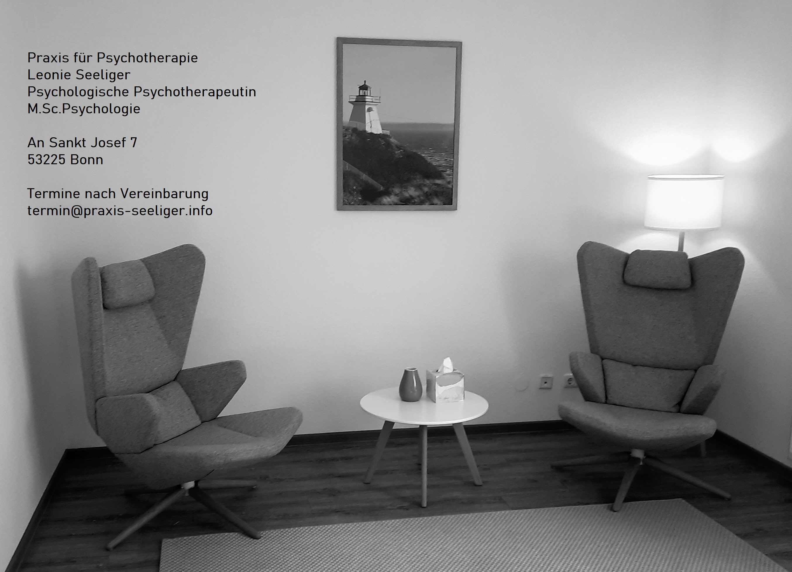 Praxis für Psychotherapie, Leonie Seeliger, Pychologische Psychotherapeutin, M.Sc. Pychologie. Adresse: An Sankt Josef 7, 53225 Bonn. Termine nach Vereinbarung. termin@praxis-seeliger.info